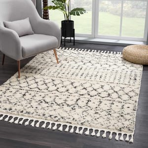 Berber Shag Kibureau 8 ft. X 10 ft. Beige, Black Shaggy Southwestern Bohemian Tribal Style Tasseled Soft Area Rug