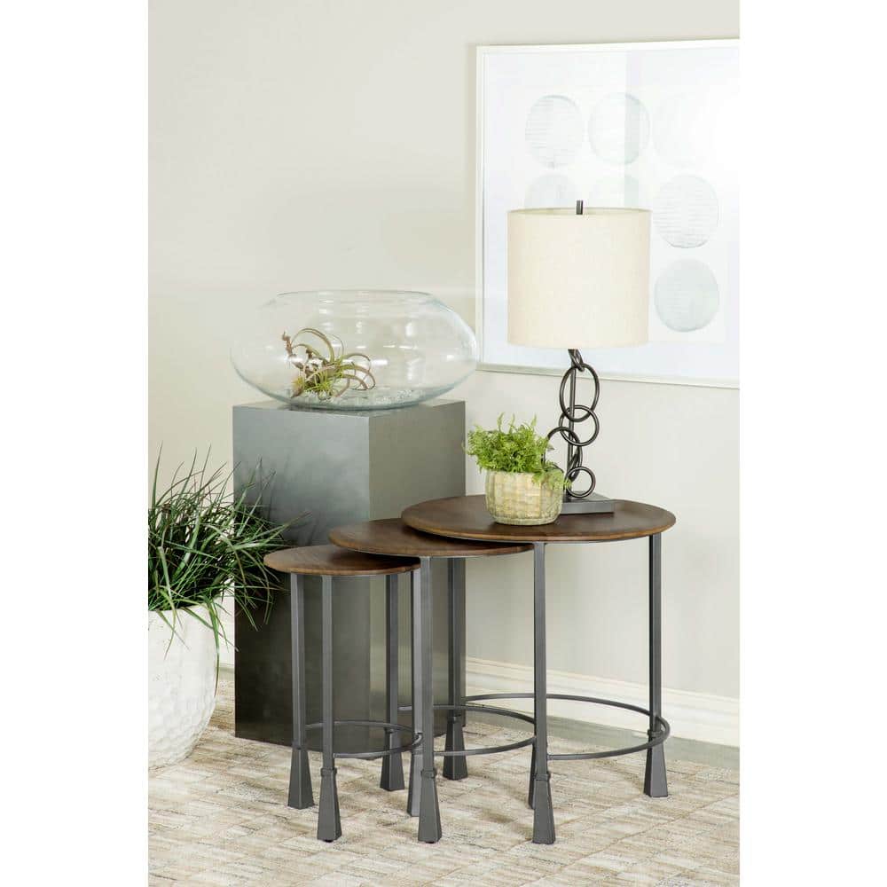 Industrial Round Black and Brown Wood Metal Nesting Tables