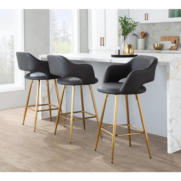 LumiSource Margarite 25.25 in. Grey Faux Leather and Gold Metal Fixed-Height Counter Stool with Square Footrest (Set of 2)