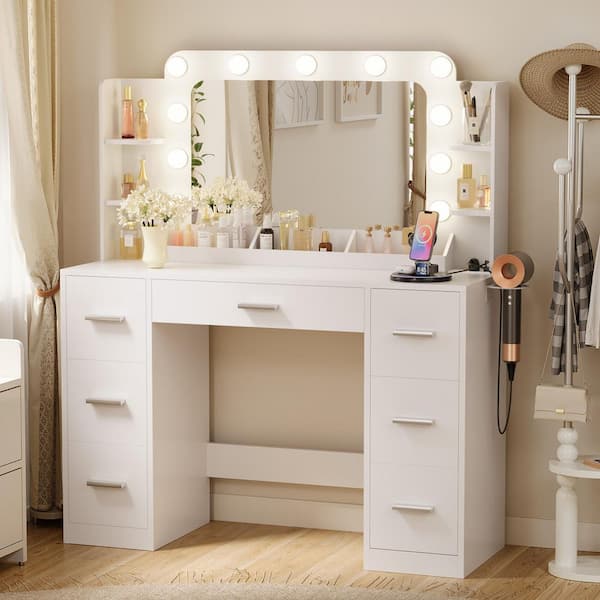 Vanity Desk with Large Lighted Mirror, Power Outlet and 11-Lights, Makeup Vanity Table with 7-Drawers, White