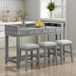 4-Piece Rectangle Gray Wooden Bar Table Set with 3-Stools