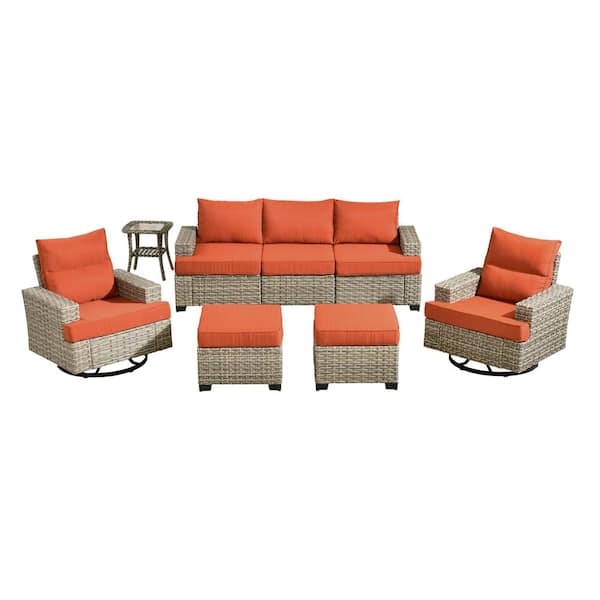 Kelleys 8-Piece Wicker Modern Outdoor Patio Conversation Sofa Set with Swivel Chairs and Orange Red Cushions