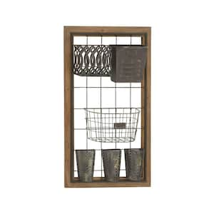 Brown Wall Mounted Magazine Rack Holder with Suspended Baskets and Label Slot