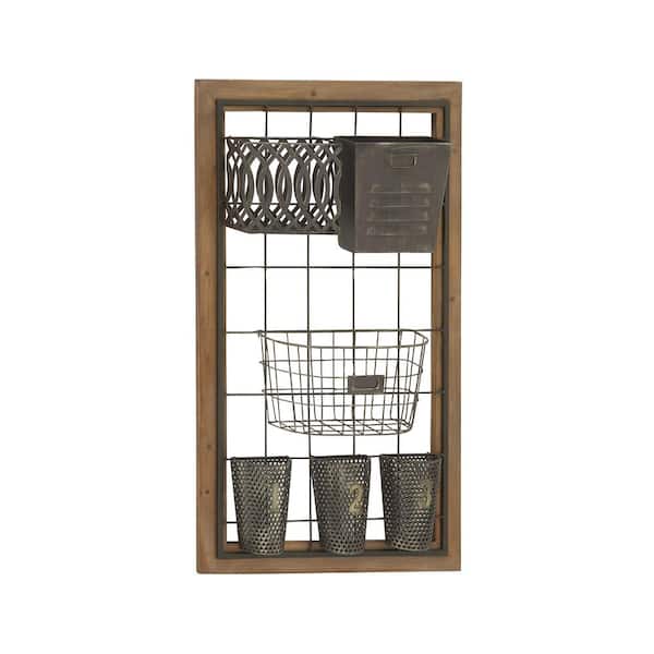 Litton Lane Brown Wall Mounted Magazine Rack Holder with Suspended Baskets and Label Slot