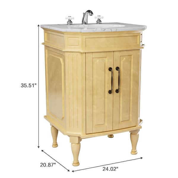 24 in. Yellow Wood Single Sink Freestanding Bathroom Vanity with White Marble Top (Assembled)