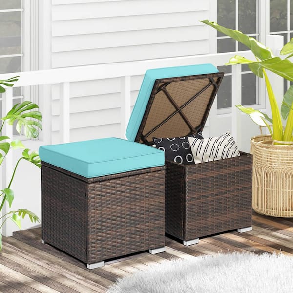 ANGELES HOME Mix Brown Wicker Outdoor Ottoman with Hidden Storage Space with Turquoise Cushion 2 Pack SA70 9HW591TU The Home Depot