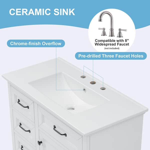 36 in. Freestanding White Solid Frame Bath Vanity Cabinet with White Ceramic Basin Top and 2 Different Size Flip Drawers