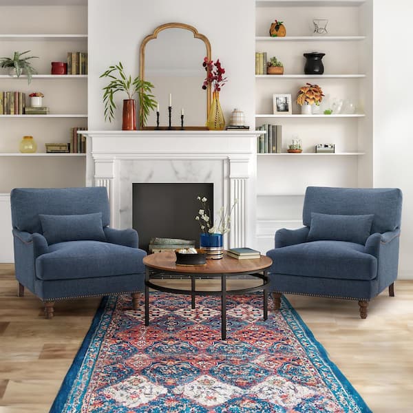 LUE BONA 33 in. W Hierro Blue Fabric Arm Sofa Chair Filled with Goose Down and Foam Upholstered Accent Chair Set of 2