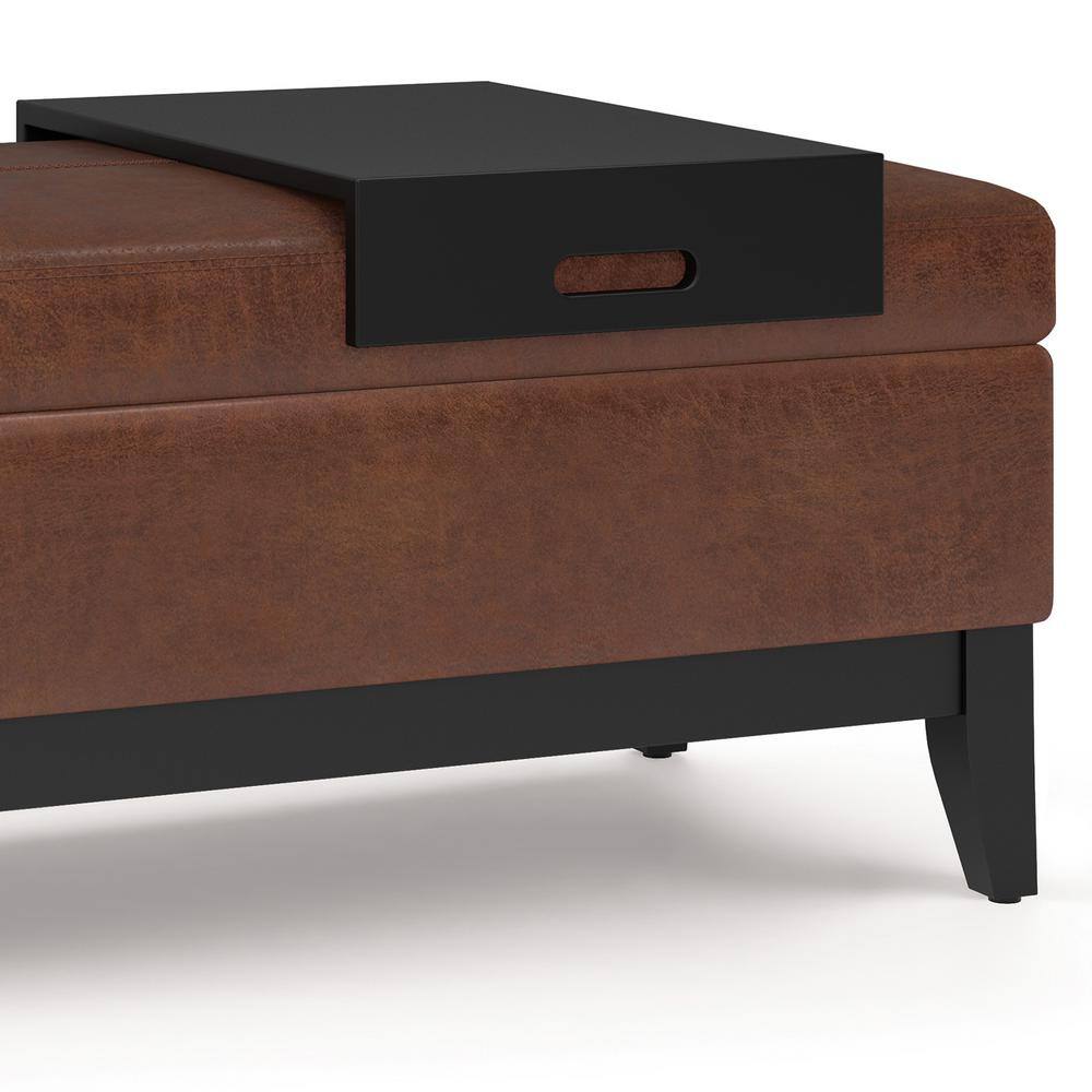 Distressed Saddle Brown Tufted Faux Leather Footstool with Tray