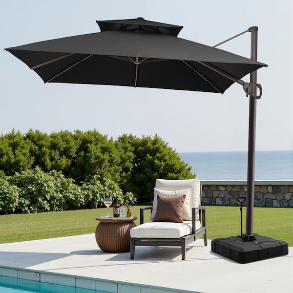 Pellebant 2-Tier Top 11.5 ft. Square Aluminum 360° Rotation Tilt Cantilever Patio Umbrella in Black with 300 lbs. Wheeled Stand