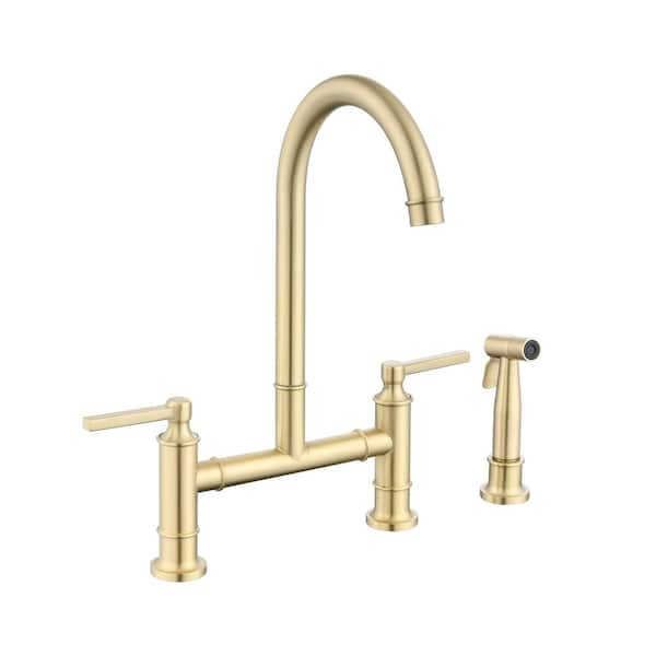 Deck Mount Double Handle Bridge Kitchen Faucet with Side Spray in Brushed Gold