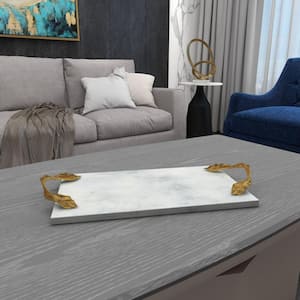 White Marble Decorative Tray with Gold Twisted Leaf Handles