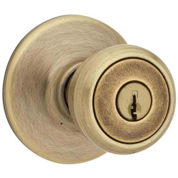 Kwikset Tylo Antique Brass Exterior Entry Door Knob Featuring Microban Antimicrobial Technology