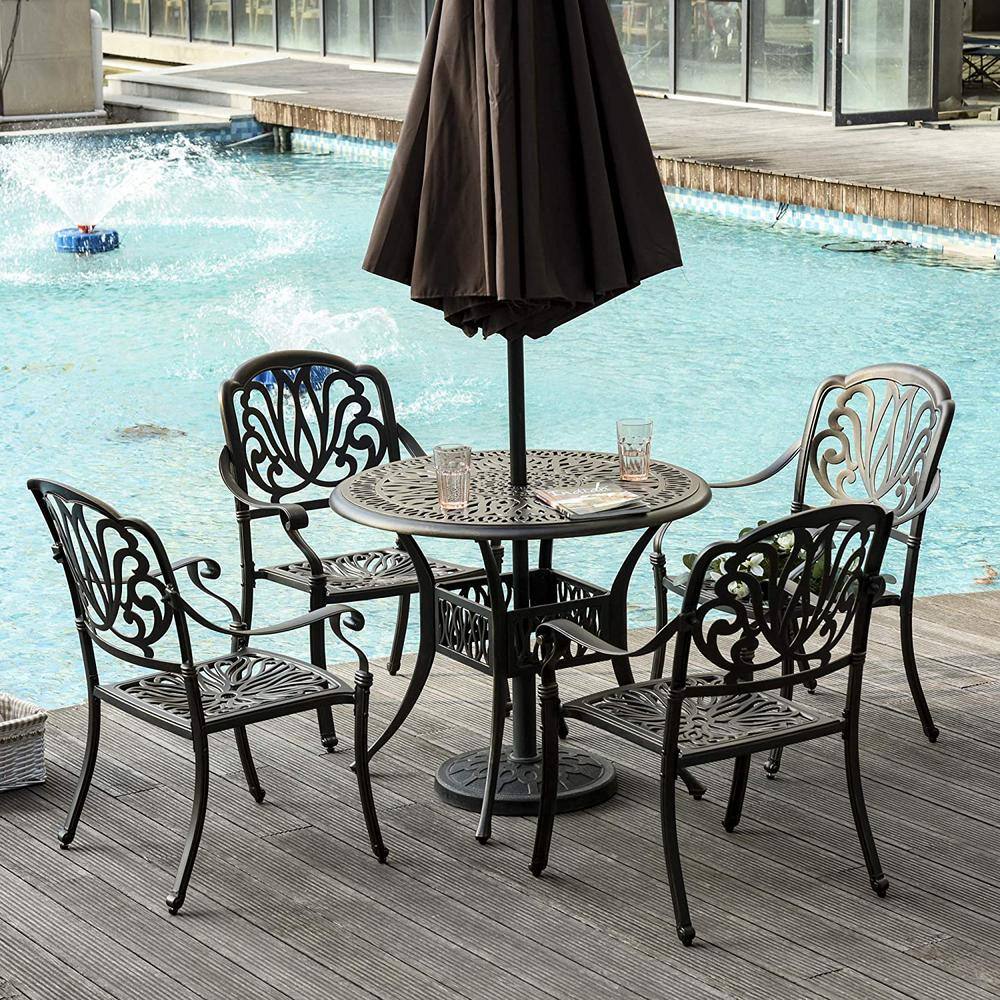 5-Piece Black Patio Cast Aluminum Outdoor Dining Set and Round Table with U