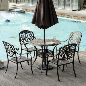 5-Piece Black Patio Cast Aluminum Outdoor Dining Set and Round Table with Umbrella Hole with Random Color Cushions