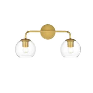 Simply Living 19 in. 2-Light Modern Brass Vanity Light with Clear Round Shade