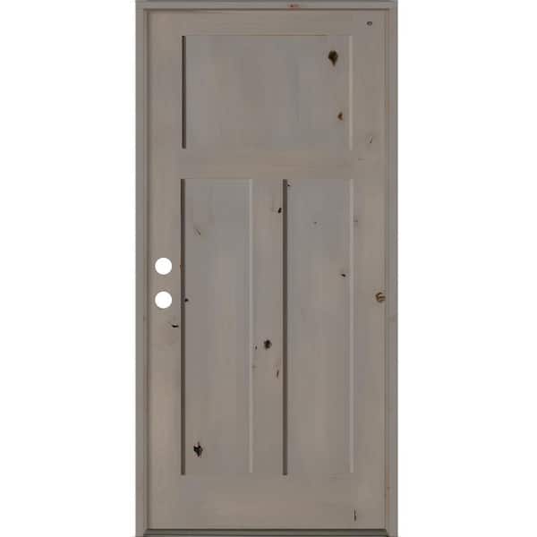 32 in. x 80 in. Rustic Knotty Alder 3 Panel Right-Hand/Inswing Gray Stain Wood Prehung Front Door