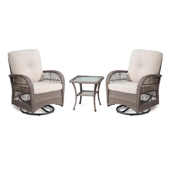 Sudzendf 3-Piece Brown Wicker Swivel Outdoor Rocking Chairs Patio Conversation Set with Beige Cushions