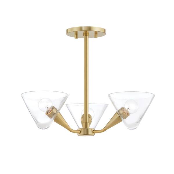 MITZI HUDSON VALLEY LIGHTING Isabella 12 in. 3-Light Aged Brass Semi-Flush Mount with Clear Shade