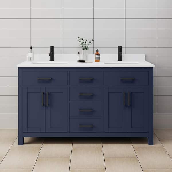 Wyndham Collection Beckett 60 in. W x 22 in. D x 35 in. H Double Sink Bathroom Vanity in Dark Blue with White Cultured Marble Top