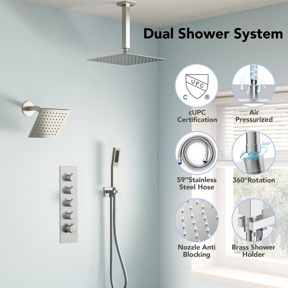 16" Brushed Nickel Dual Shower Head System with Thermostatic Valve