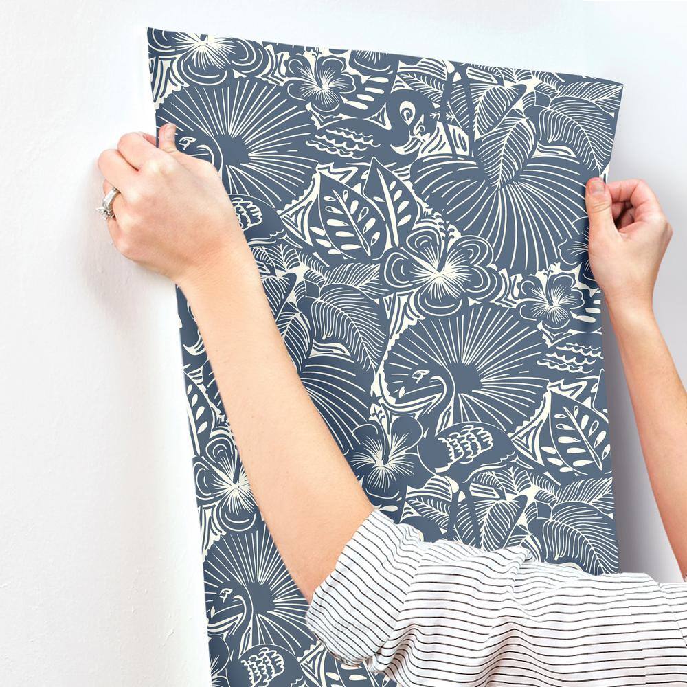 Idalia Navy and White Floral Flamingo Non-Woven Wallpaper