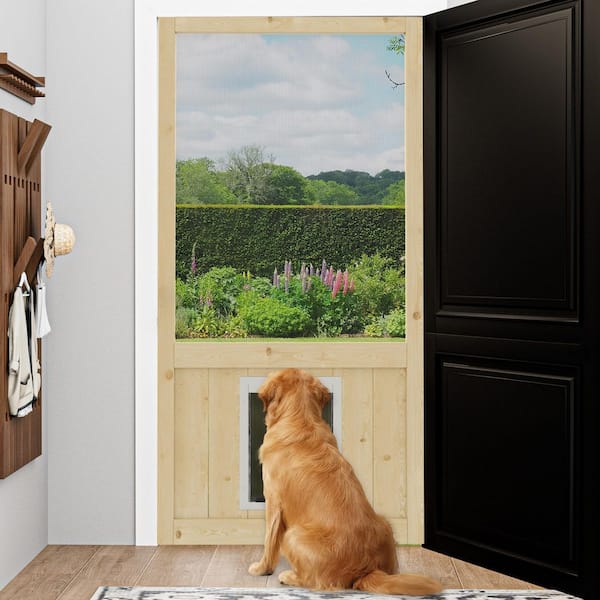 32 in. x 80 in. Single Universal Paneled Unfinished Pine Wood Gauze Mesh Hinged Screen Door with Dog Door for Backyard