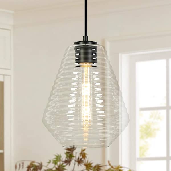 Modern Farmhouse 1-Light Black Kitchen Island Pendant Light, Pear-Shaped Hanging Light with Clear Striped Glass Shade