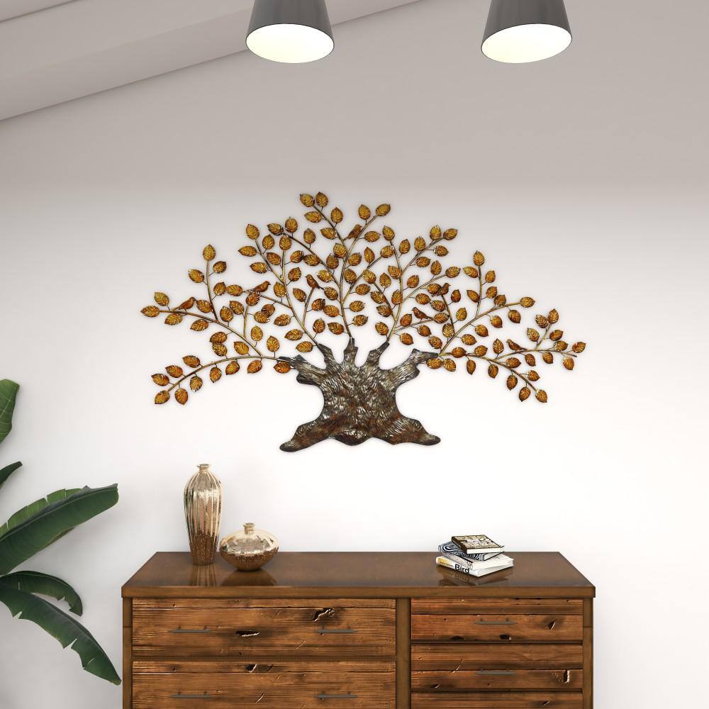 Large Brown and Gold Metal Tree Wall Sculpture with Leaves