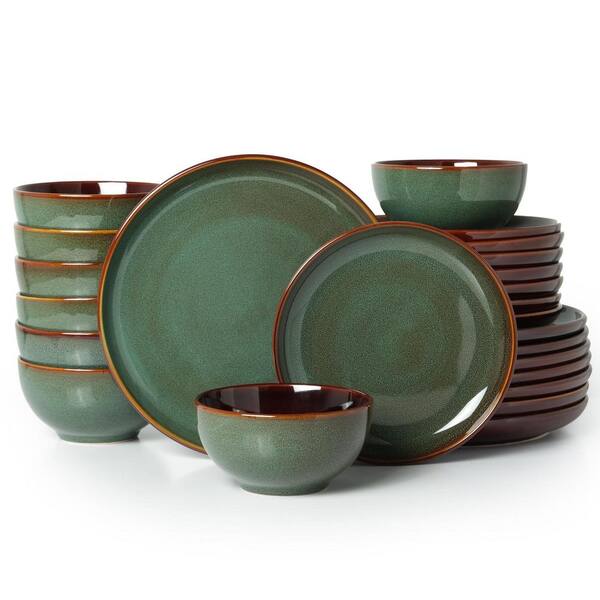 Sage Green Reactive-Glaze Stoneware Chip-Resistant Dinnerware Set Dinner Salad Plates Bowls (Set of 24)