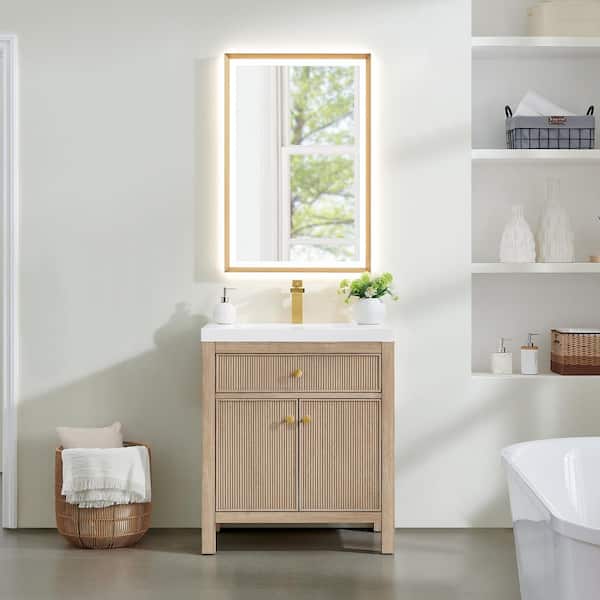 Altair Cerrito 30 in. Single Freestanding Natural Oak Bath Vanity with White Artificial Stone Top Assembled, Mirror