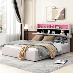 Beige Wood Frame Queen Size Platform Bed with Storage Headboard, LED, USB Charging and 2 Drawers