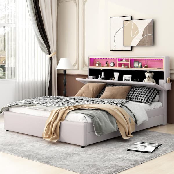 Polibi Beige Wood Frame Queen Size Platform Bed with Storage Headboard, LED, USB Charging and 2-Drawers