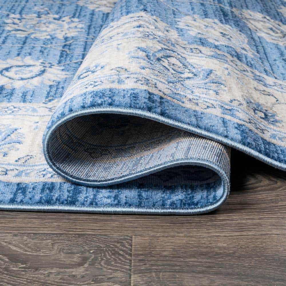 Blue and Ivory Floral Synthetic Runner Rug