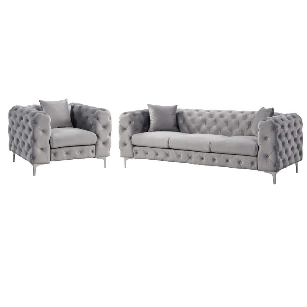 Morden Fort Modern Contemporary 2 Piece of Accent Chair and Sofa Set with  Deep Button Tufting Dutch Velvet Top in Gray 8205-Grey-1+3 - The Home Depot