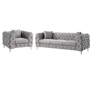 Modern Contemporary 2 Piece of Accent Chair and Sofa Set with Deep Button Tufting Dutch Velvet Top in Gray