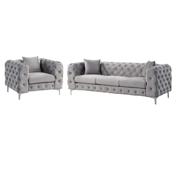 Morden Fort Modern Contemporary 2 Piece of Accent Chair and Sofa Set with Deep Button Tufting Dutch Velvet Top in Gray