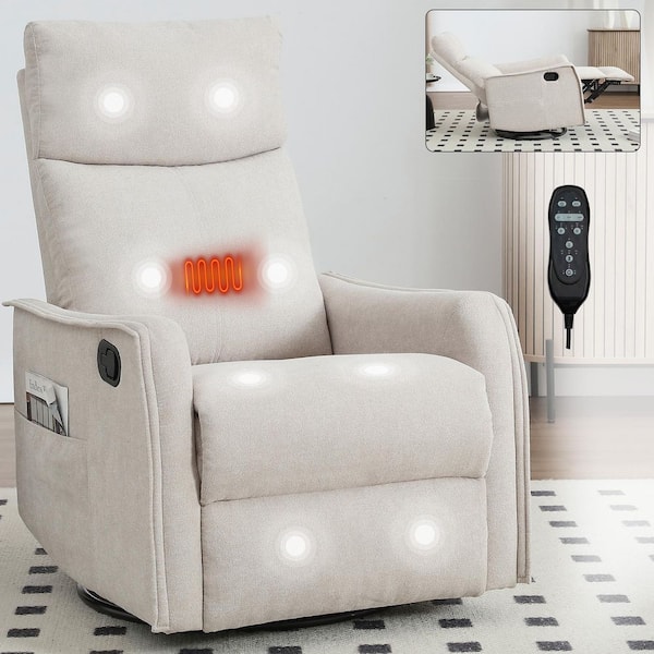 URTR Beige Polyester Swivel Metal Base Manual Recliner Chair with Massage and Heating Home Theater Recliner Rocking Chair