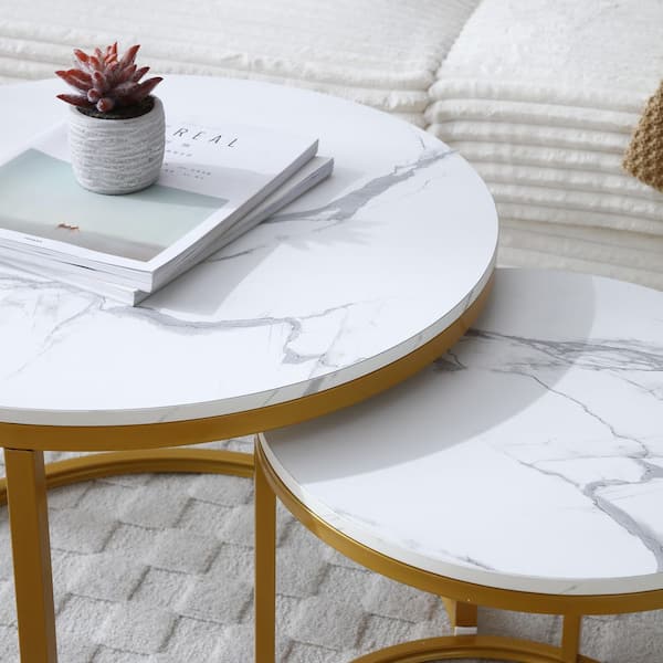 39.3 in. White/Gray Round MDF Coffee Table for Living Room