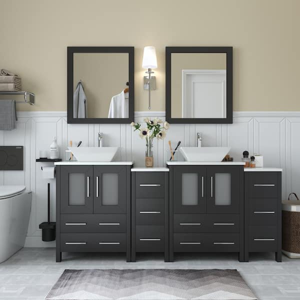 Vanity Art Ravenna 72 in. W Bathroom Vanity in Espresso with Double Basin in White Engineered Marble Top and Mirror