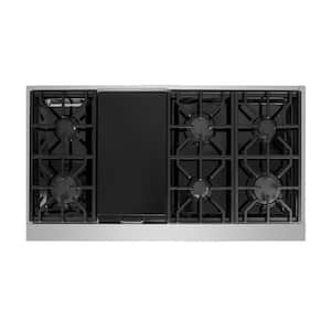 Entree Bundle 48 in. Pro-Style Gas Cooktop with 6 Burners, Griddle Burner and Range Hood in Stainless Steel and Black