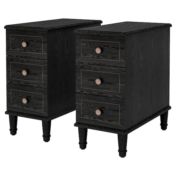 Fnova 25 in. H Solid Wood Black Rectangle End Table with 3 Drawers