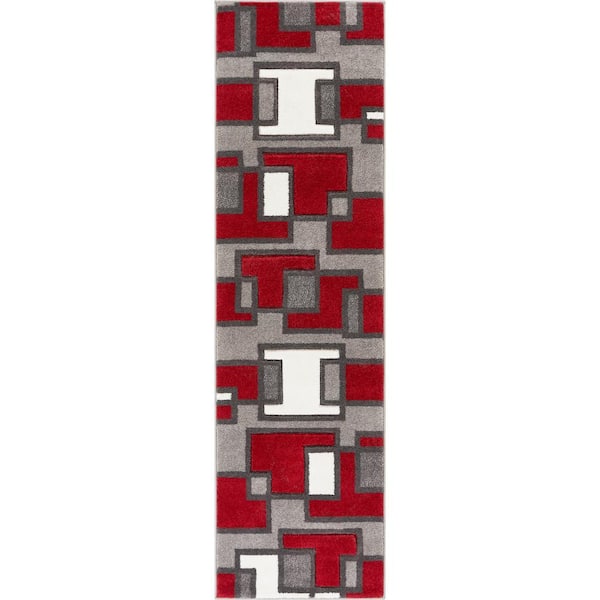Ruby Imagination Squares Red 2 ft. x 7 ft. Modern Geometric Runner Rug