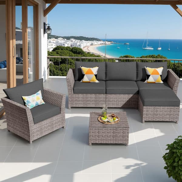 Auris Gray 6-Piece Wicker Outdoor Patio Conversation Seating Set with Black Cushions and Coffee Table for Backyard