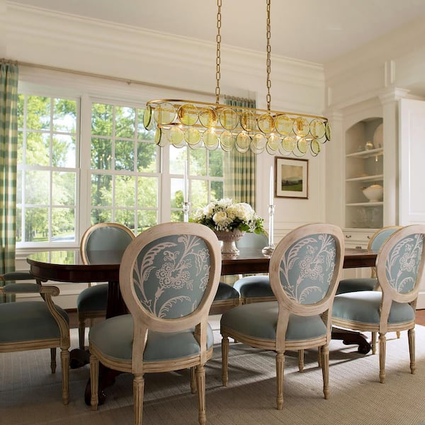 Ava 5-Light 39.76 in. Rectangle Gold Chandelier with Textured Green Glass