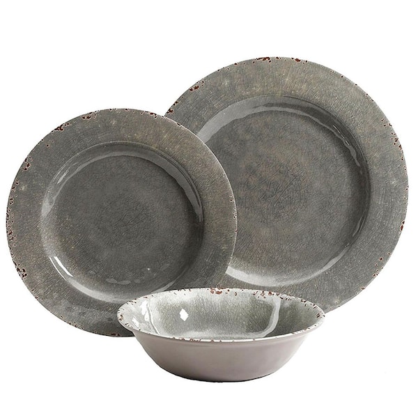 Mauna 12 pc Dinnerware Service Set for 4 - Grey - Crackle Look Decal - Melamine