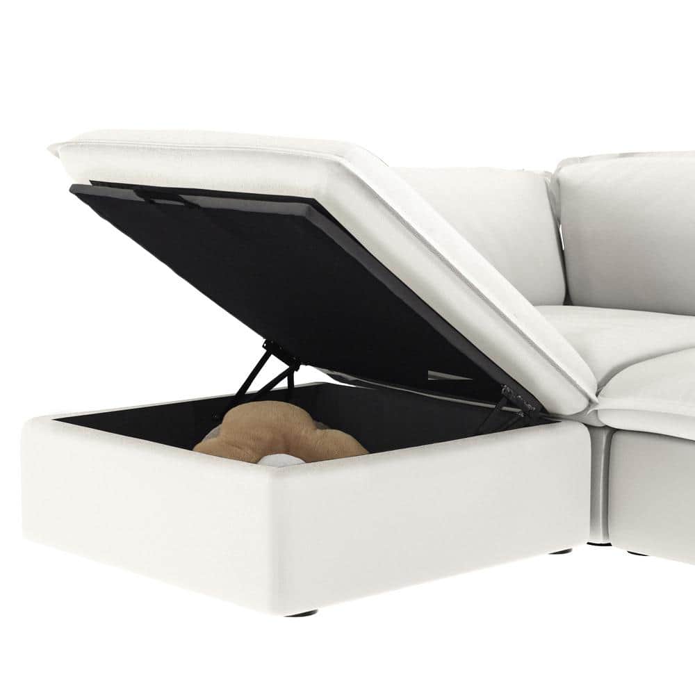 White Linen Square Storage Ottoman