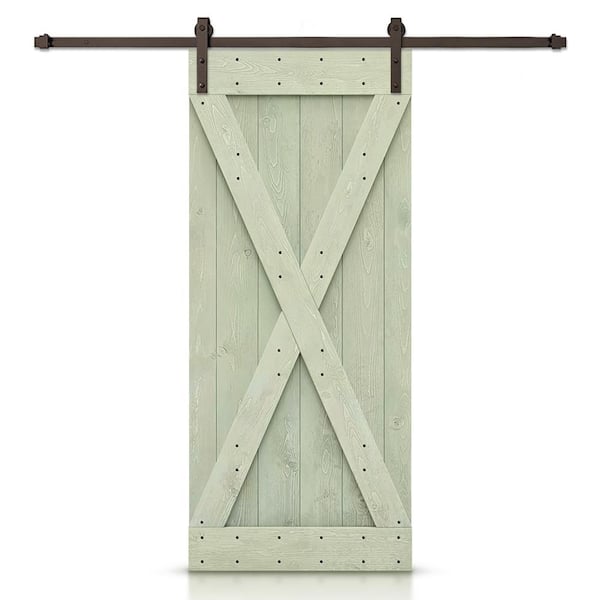 CALHOME X Series 38 in. x 84 in. Pre-Assembled Sage Green Stained Wood Interior Sliding Barn Door with Hardware Kit