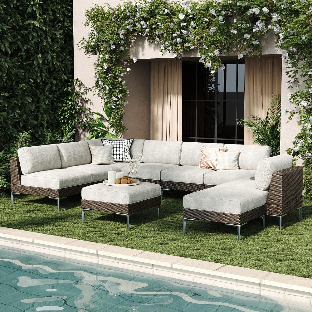 9-Piece Wicker Rattan Patio Sofa Sectional Conversation Set with Beige 6-inch Cushions price history on PriceWatchPro