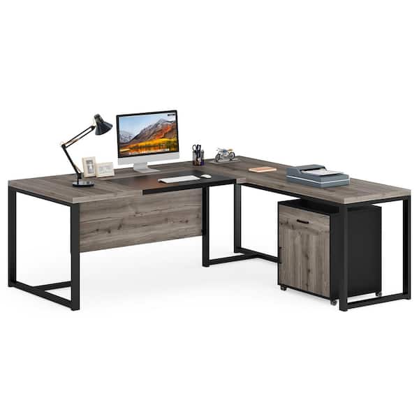 BYBLIGHT Capen 70.87 in. L-Shaped Gray and Black Wood Executive Desk with Drawer Storage Cabinet, Computer Desk with File Cabinet